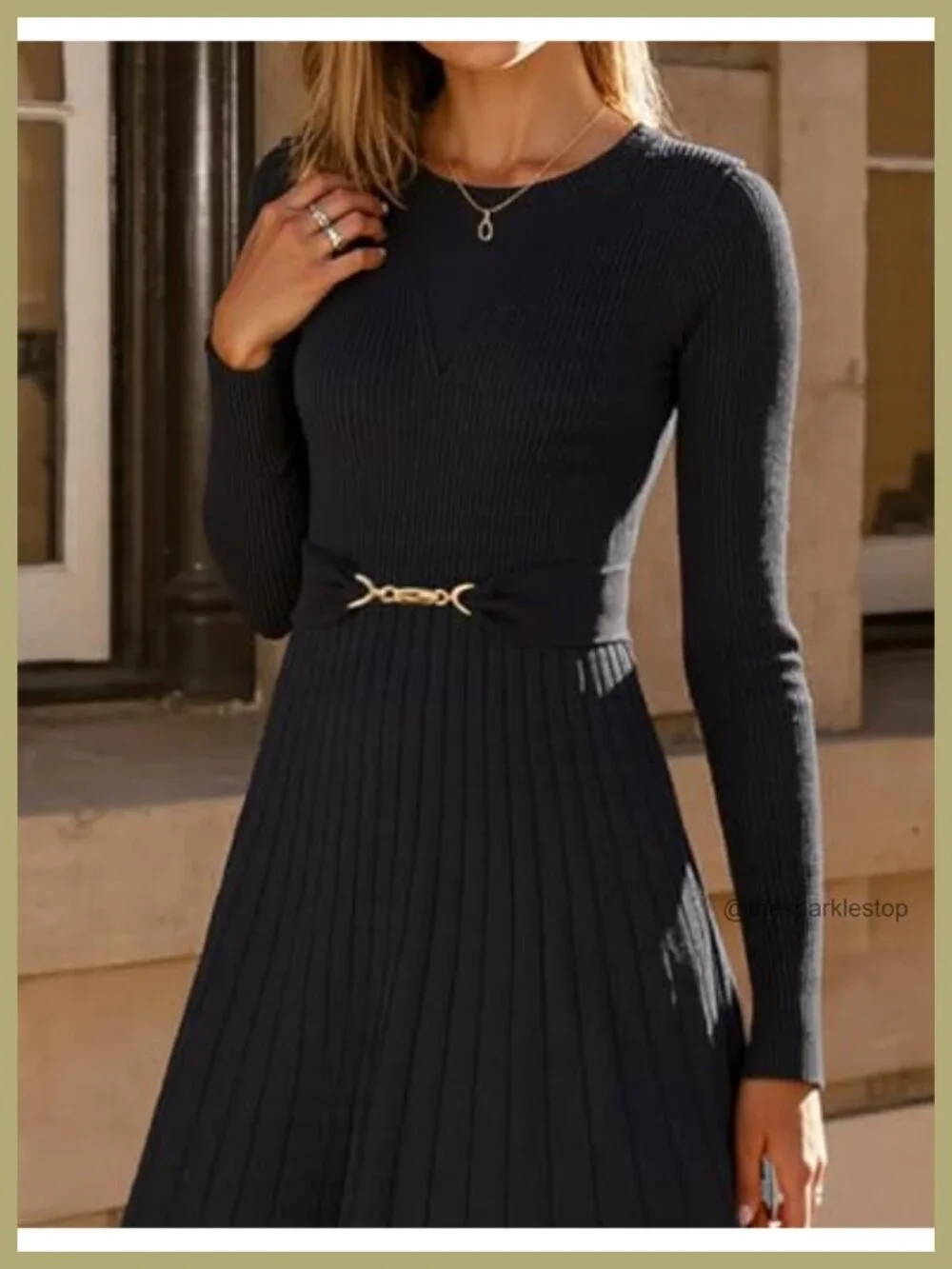 Long Sleeve Pleated Midi Sweater Dress with Removable Belt